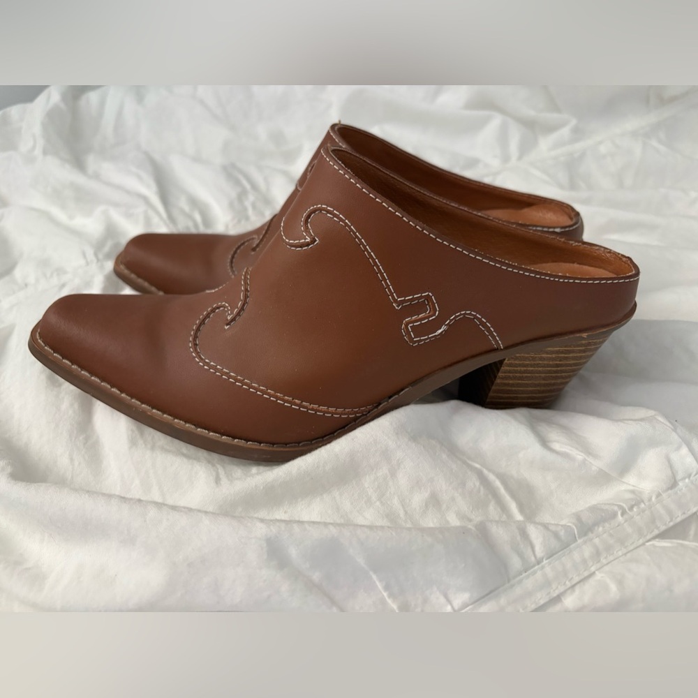 Brown Leather Western Mule Heels Cowgirl Pointed Toe Size 7
